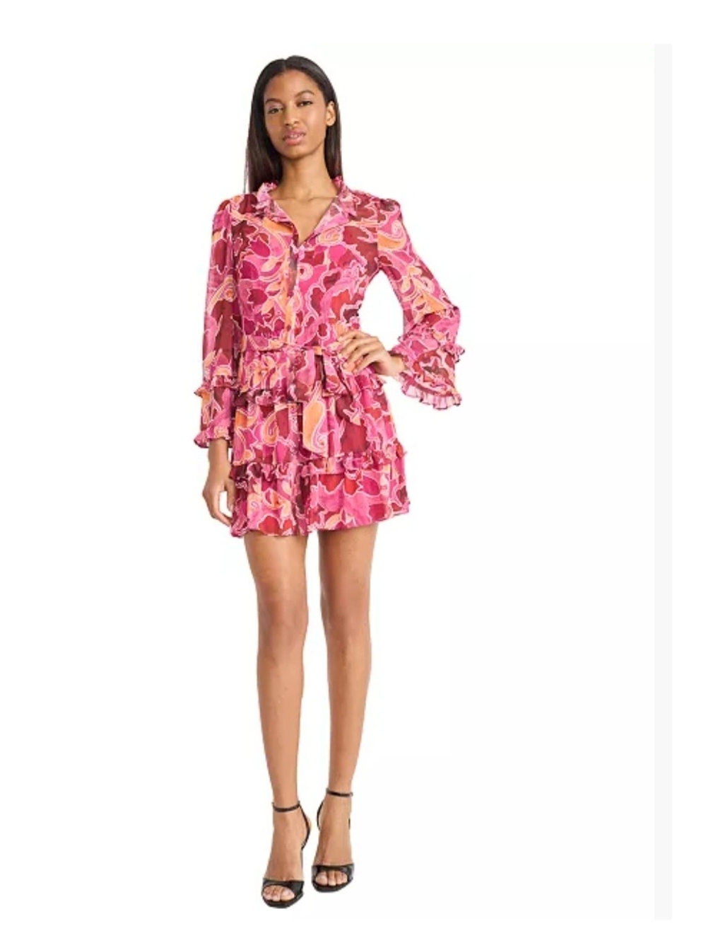 Donna Morgan Pink Printed Ruffle Tiered Long-Sleeve Dress